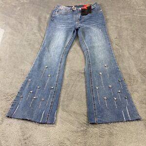 Fu Cheng Jeanes Flare Jeans Women L  Blue Embellished Pearl Rhinestone High Rise